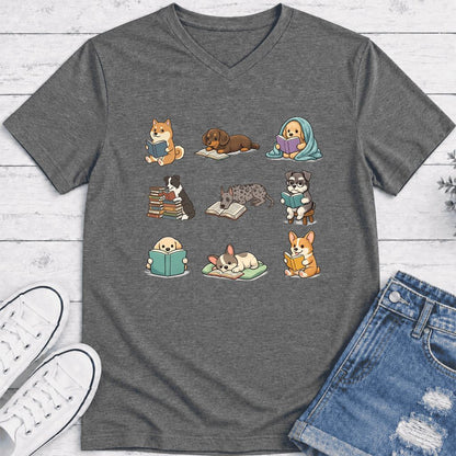 Funny Reading Dogs Ultra-Soft V-Neck | Dog Mom Reader Gift Deep Heather