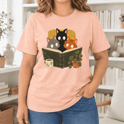 Curious Reading Cats Ultra-Soft Cotton T-Shirt | Cat Lover Reader Gift Heather Peach