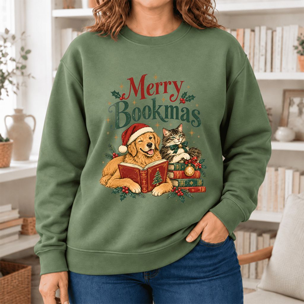 Merry Bookmas Softstyle Sweatshirt | Christmas Book Lover Gift Military Green