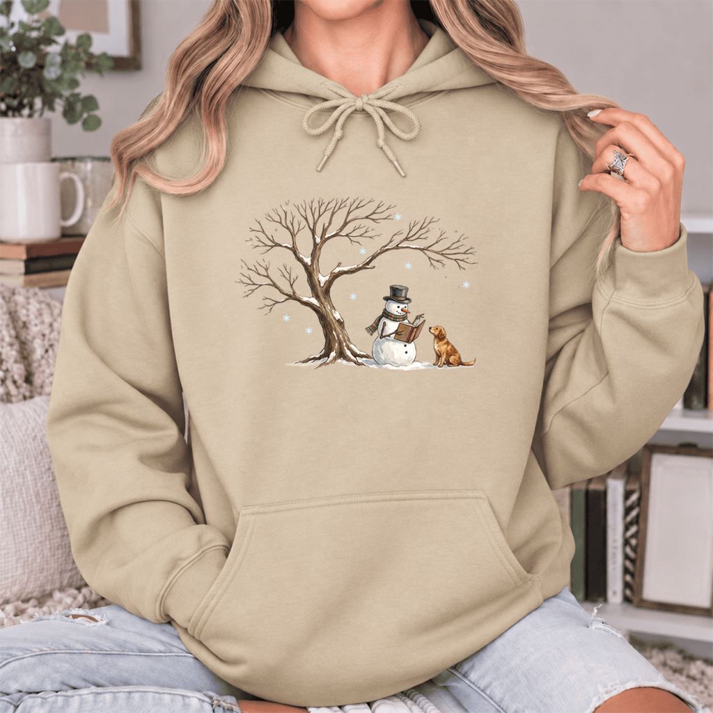Golden Retriever And Snowman Under Tree Softstyle Hoodie | Christmas Reader Gift Sand