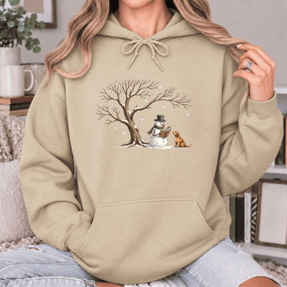 Golden Retriever And Snowman Under Tree Softstyle Hoodie | Christmas Reader Gift Sand