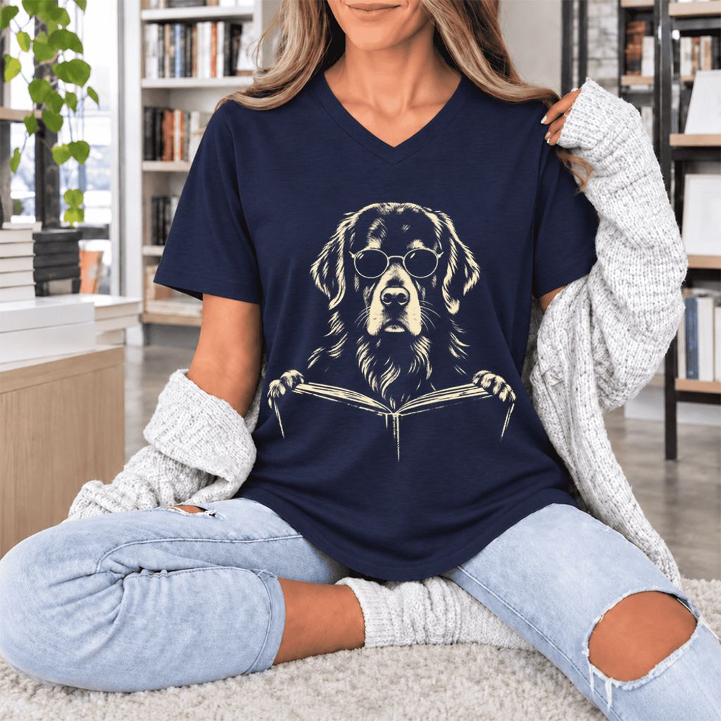Golden Retriever Reading Book Ultra-Soft V-Neck | Dog Mom Reader Gift Navy