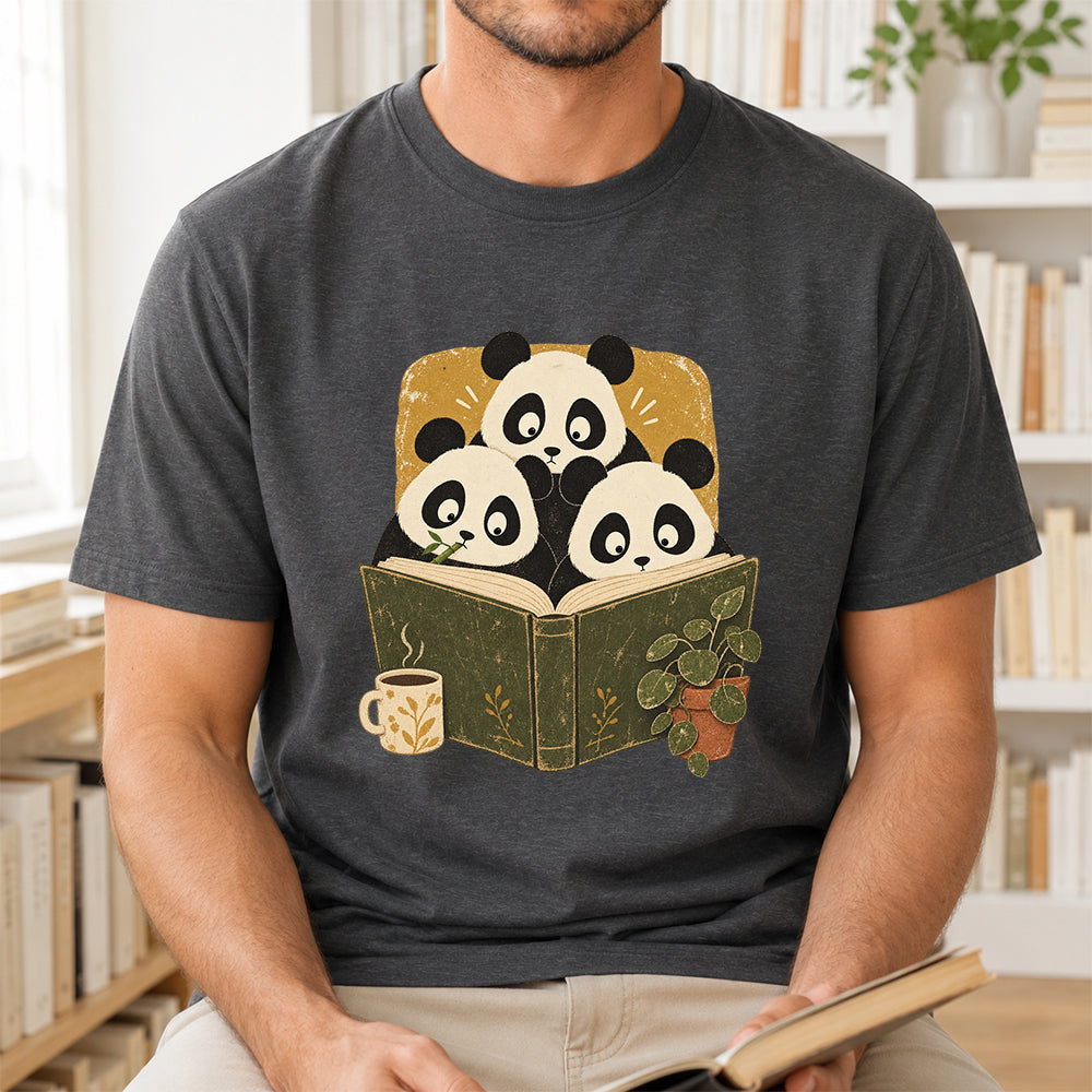 Minimal Japanese Pandas Reading Softstyle T-Shirt | Book Lover Gift Dark Heather