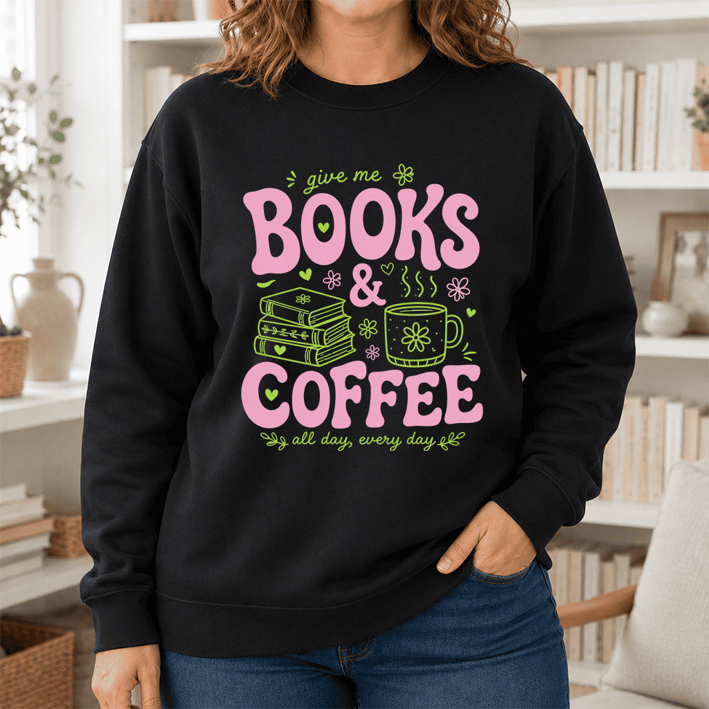 Books and Coffee Crewneck Sweatshirt | Reader Gift Black
