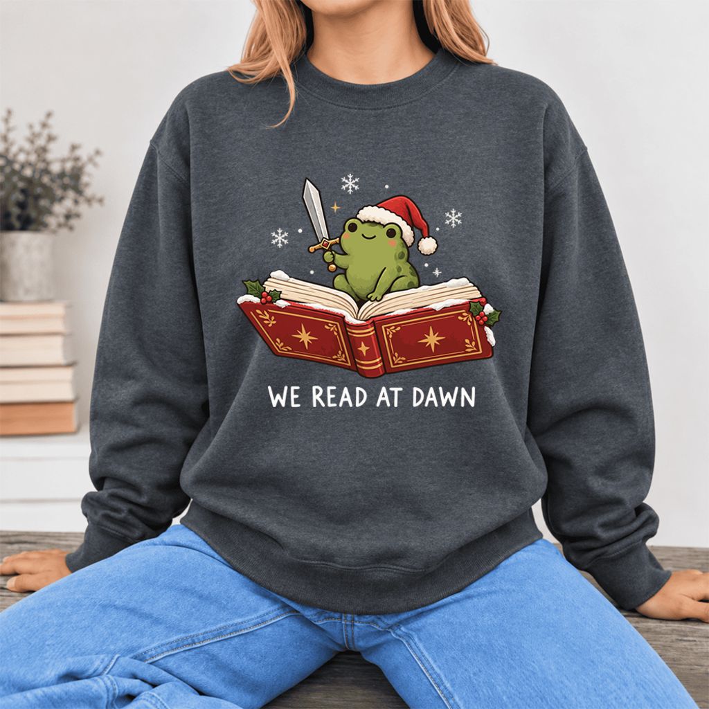 We Read At Dawn Frog Softstyle Sweatshirt | Christmas Book Lover Gift Dark Heather