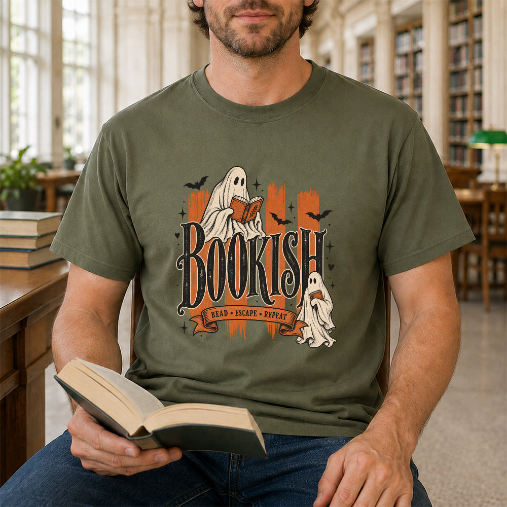 Bookish Read Escape Repeat Printed T-Shirt | Halloween Book Lover Gift Military Green