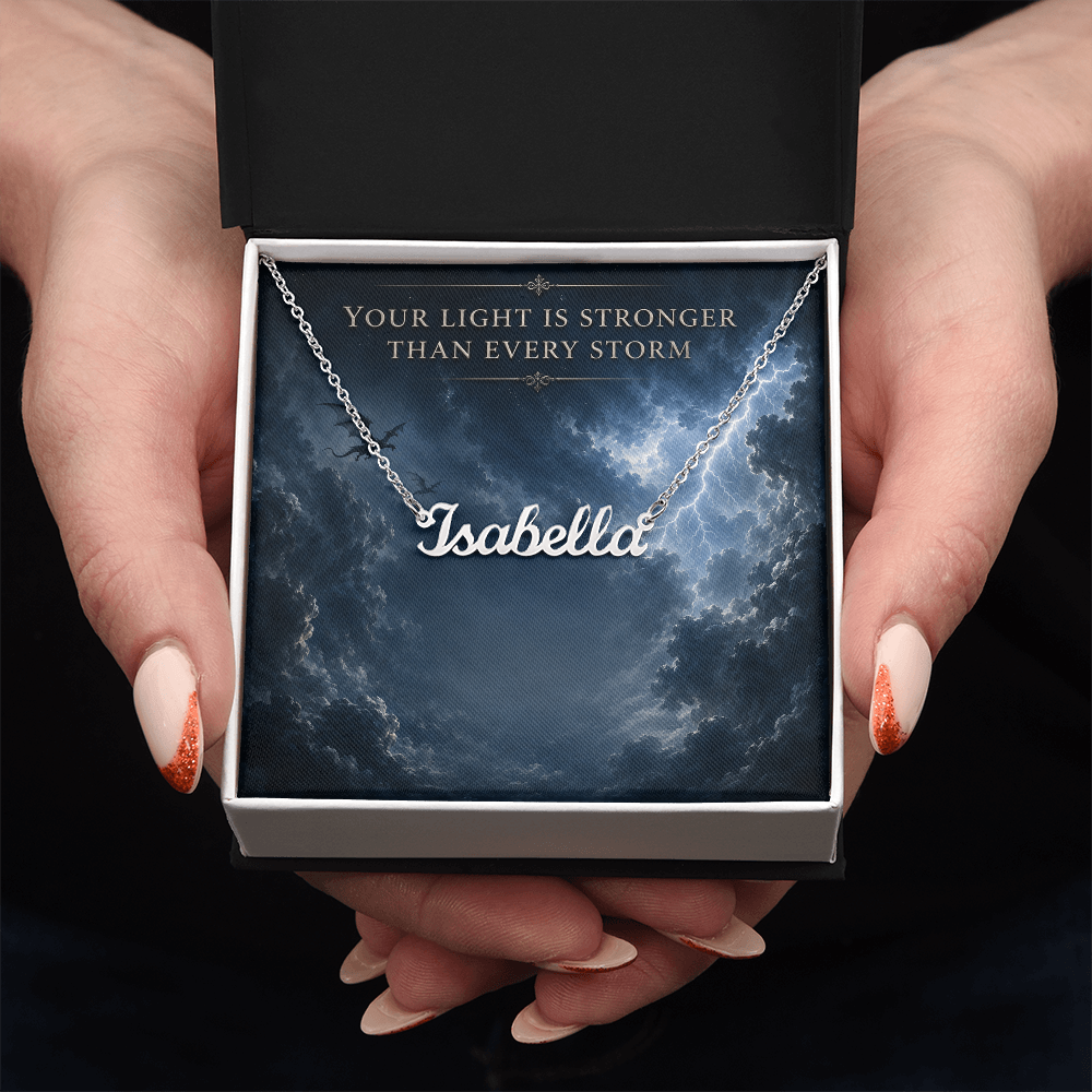 Your Light Is Stronger Decorative Card And Custom Name Polished Stainless Steel Necklace With Box Book Lover Gift Font 1