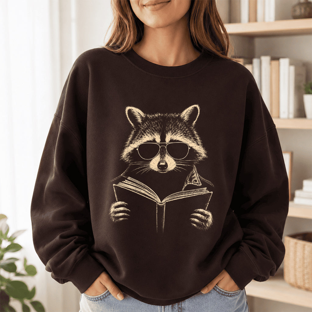 Raccoon Reading Book Crewneck Sweatshirt | Reader Gift Dark Chocolate