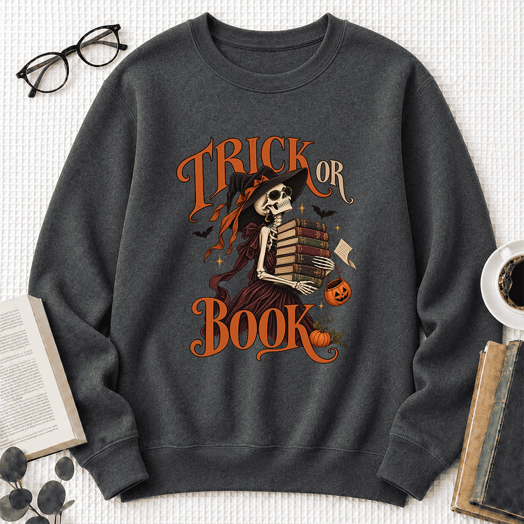 Trick Or Book Printed Sweatshirt | Halloween Book Lover Gift Dark Heather