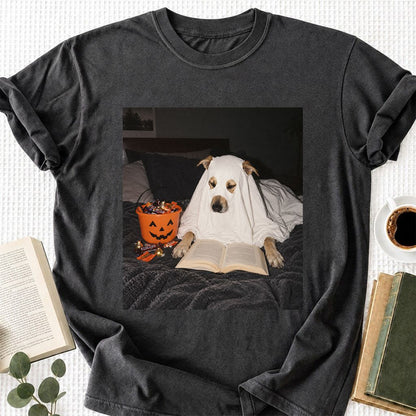 Cute Reading Ghost Dog Printed T-Shirt | Halloween Book Lover Gift Dark Heather