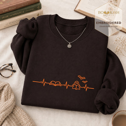 Reading Heartbeat Embroidered Sweatshirt | Spooky Halloween Book Lover Gift Dark Chocolate