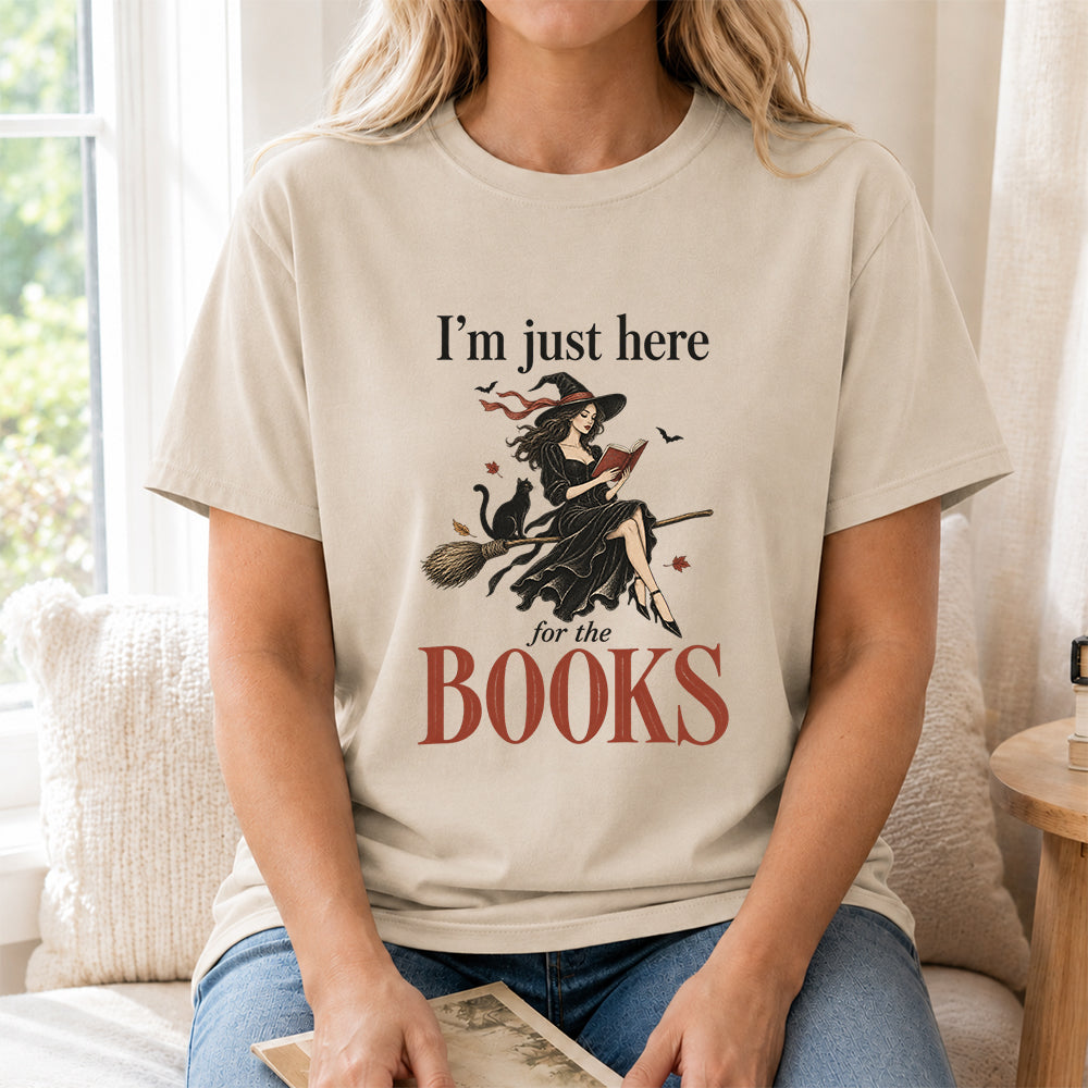 I'M Just Here For The Books Printed T-Shirt | Halloween Book Lover Gift Sand