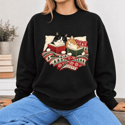 Christmas Reading Cat Couple Softstyle Sweatshirt | Cozy Christmas Gift Black