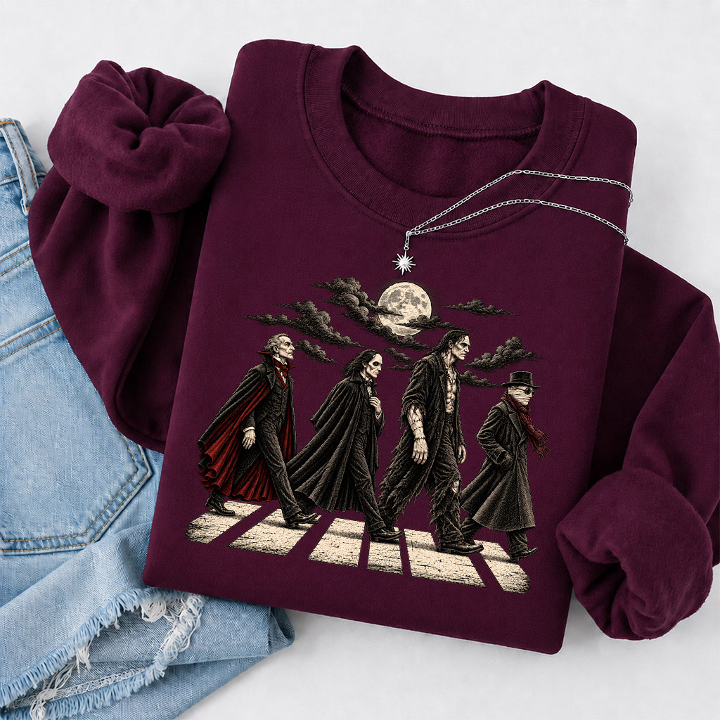 Monsters Road Printed Sweatshirt | Halloween Book Lover Gift Maroon