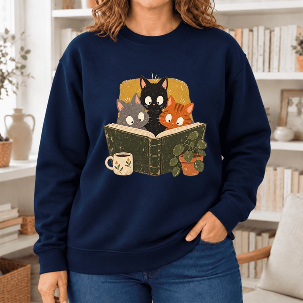 Curious Reading Cats Softstyle Sweatshirt | Cozy Book Lover Gift Navy