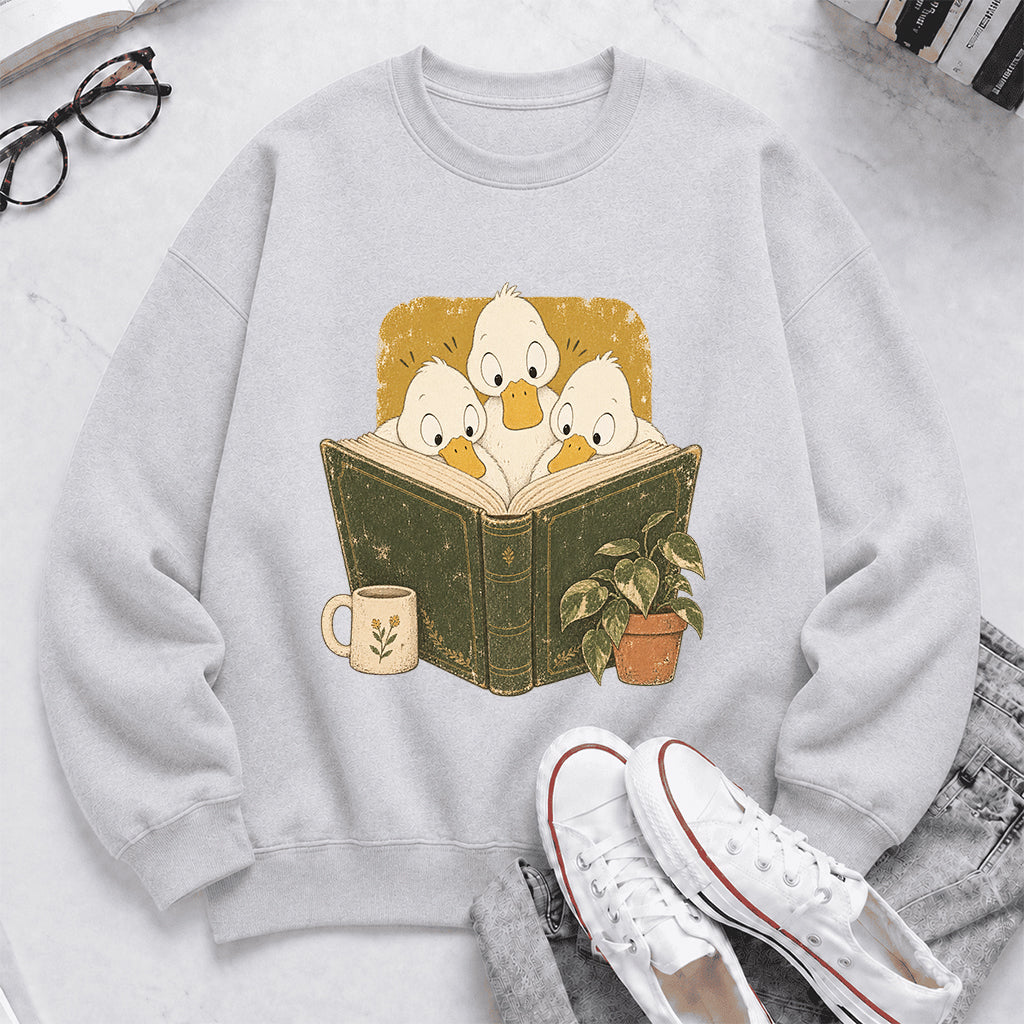 Minimal Japanese Ducks Reading Crewneck Sweatshirt | Reader Gift Sport Grey