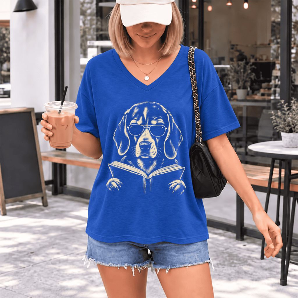 Beagle Reading Book Ultra-Soft V-Neck | Dog Mom Reader Gift True Royal