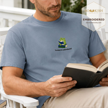Booked and Unbothered Embroidered Comfort Color® T-shirt | Book Lover Gift Blue Jean