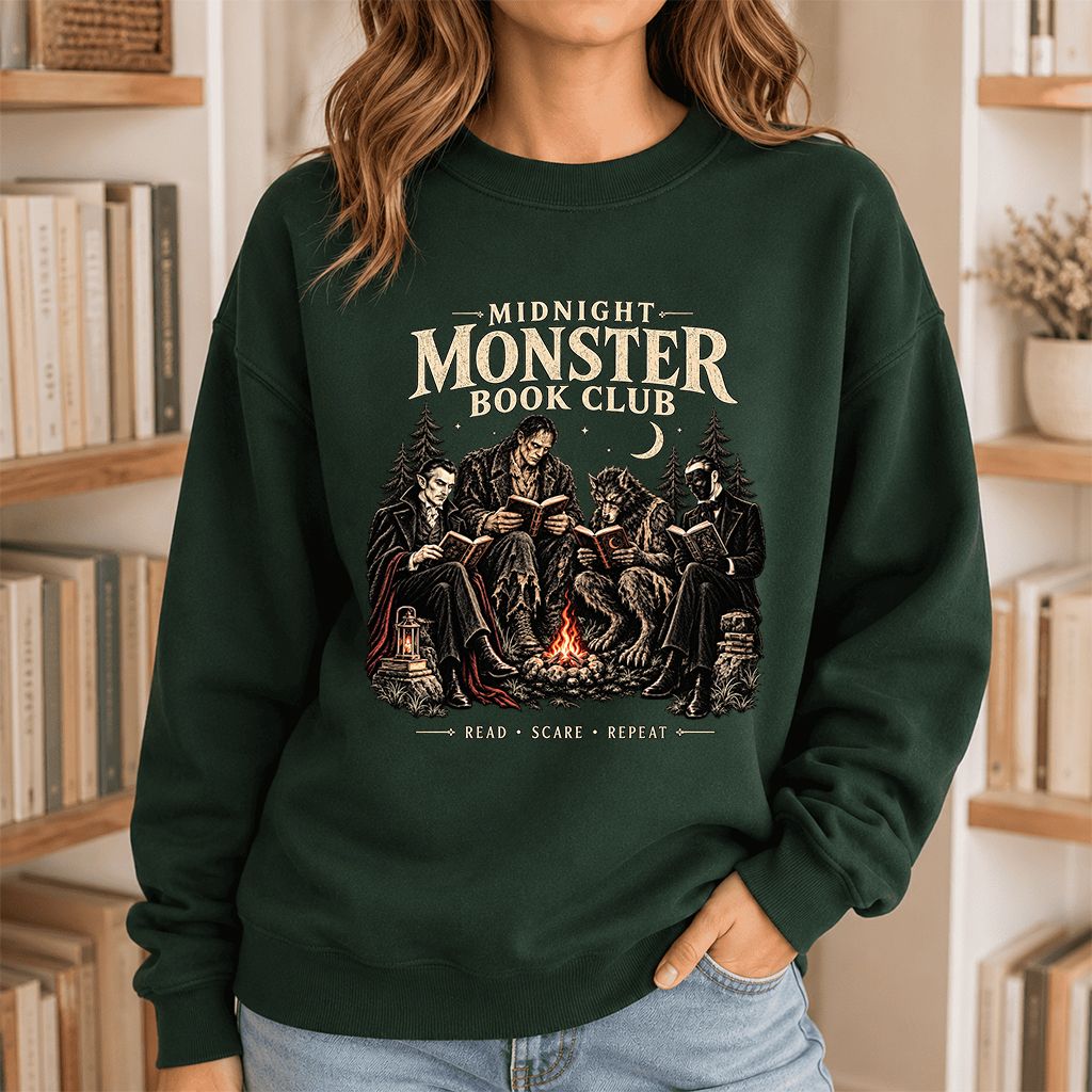 Midnight Monster Book Club Printed Sweatshirt | Halloween Book Lover Gift Forest Green