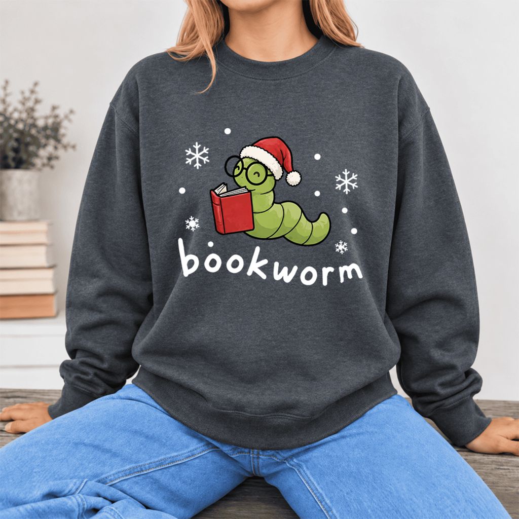 Christmas Bookworm Softstyle Sweatshirt | Christmas Book Lover Gift Dark Heather