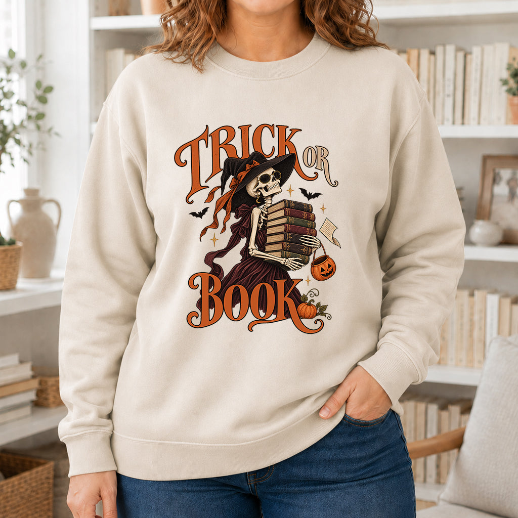 Trick Or Book Printed Sweatshirt | Halloween Book Lover Gift Sand