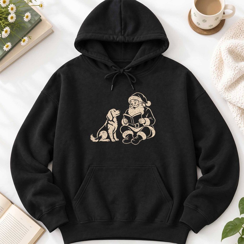 Funny Dog With Santa Christmas Softstyle Hoodie | Christmas Gift For Dog & Book Lover Black