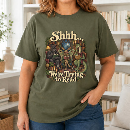 Shh... We Trying To Read Cotton T-Shirt | Midnight Reader Gift Military Green