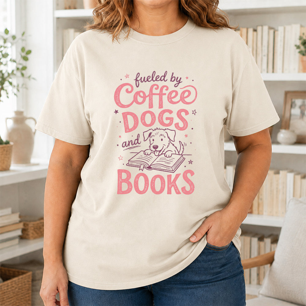 Fueled By Coffee Dogs and Books Cotton T-Shirt | Coffee, Dog Lover & Reader Gift Natural
