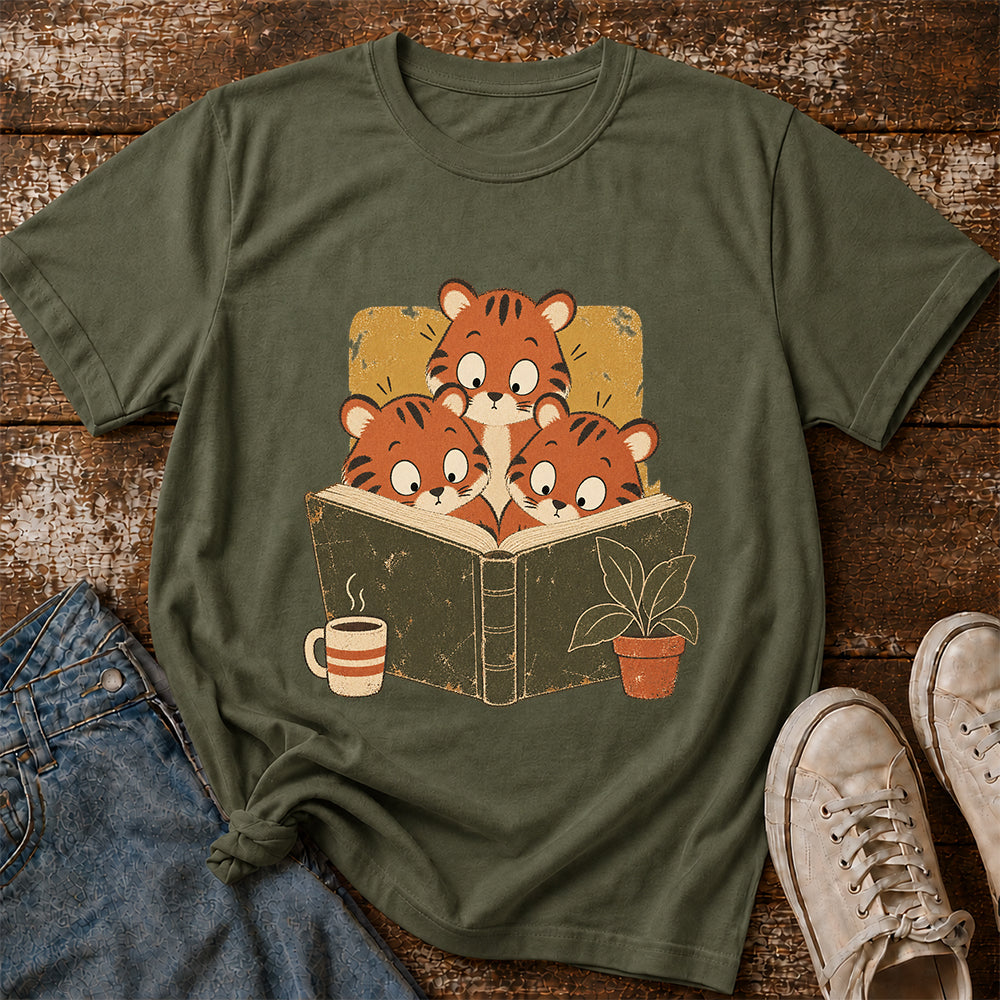 Minimal Japanese Tigers Reading Softstyle T-Shirt | Book Lover Gift Military Green