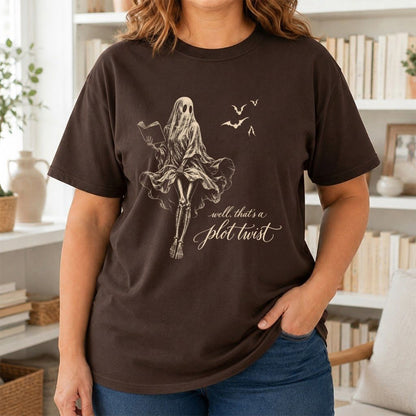 Funny Dress-Wearing Bookworm Ghost Printed T-Shirt | Halloween Book Lover Gift Dark Chocolate
