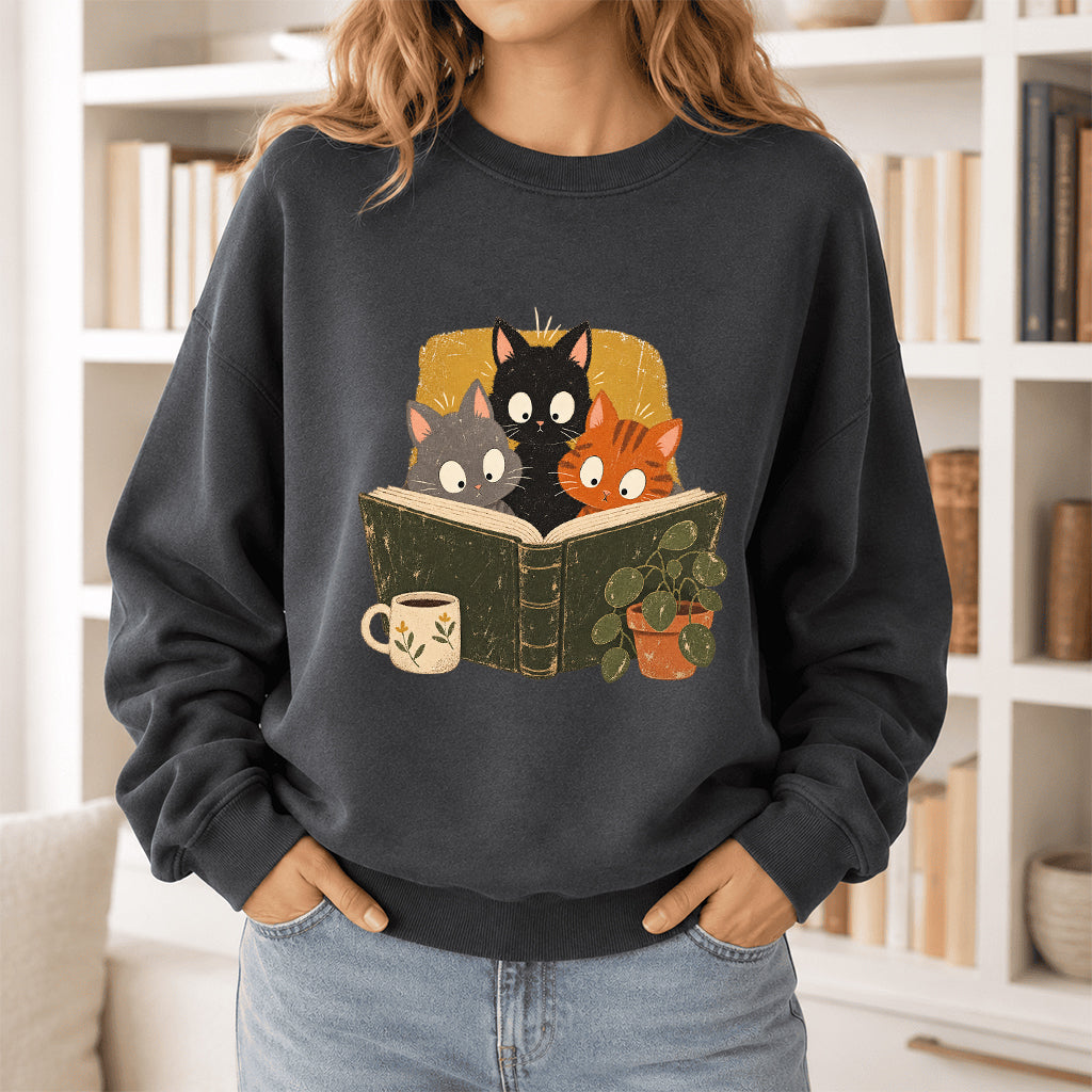 Minimal Japanese Cats Reading Crewneck Sweatshirt | Reader Gift Dark Heather