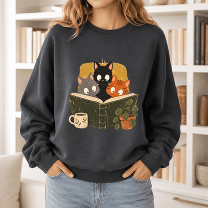 Minimal Japanese Cats Reading Crewneck Sweatshirt | Reader Gift Dark Heather