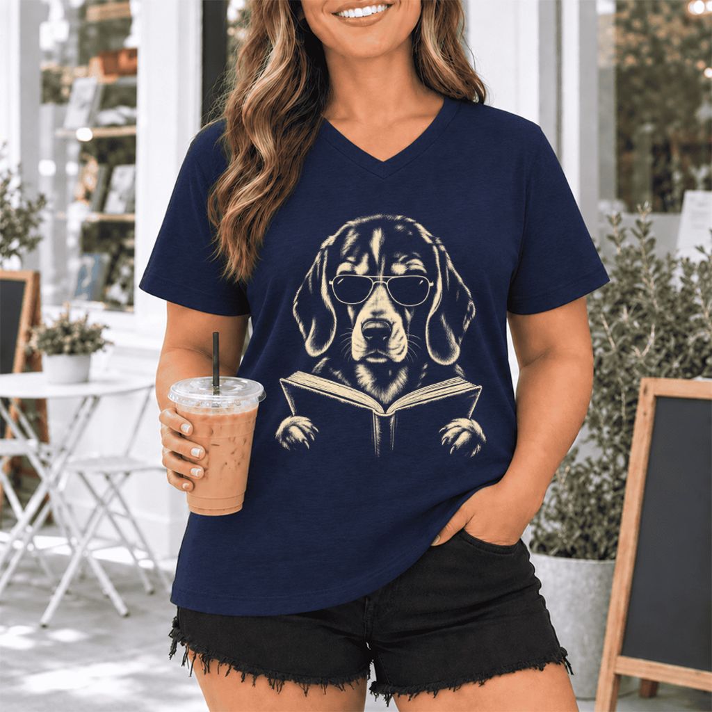 Beagle Reading Book Ultra-Soft V-Neck | Dog Mom Reader Gift Navy