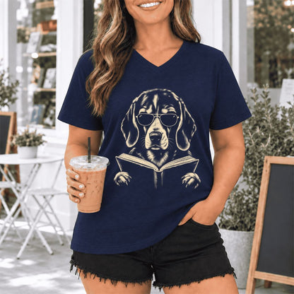 Beagle Reading Book Ultra-Soft V-Neck | Dog Mom Reader Gift Navy