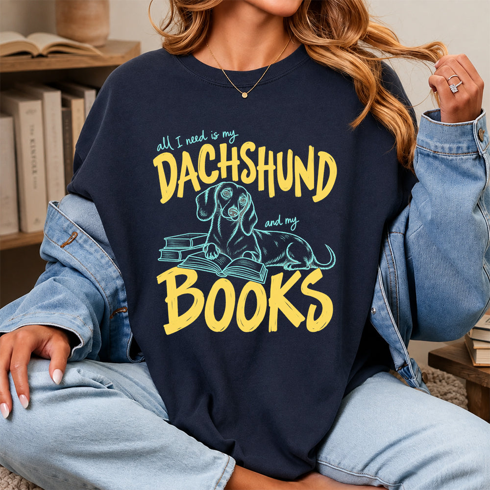 All I Need Is My Dachshund And My Books Softstyle T-Shirt | Book Lover Gift Navy