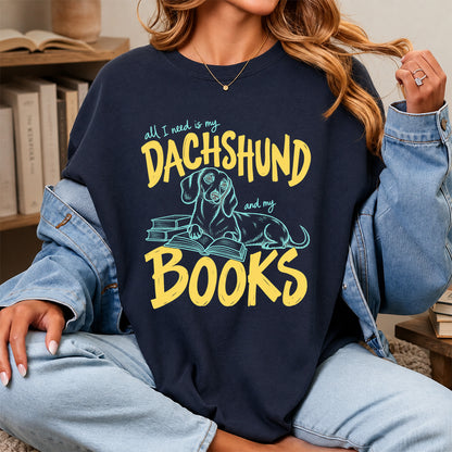All I Need Is My Dachshund And My Books Softstyle T-Shirt | Book Lover Gift Navy