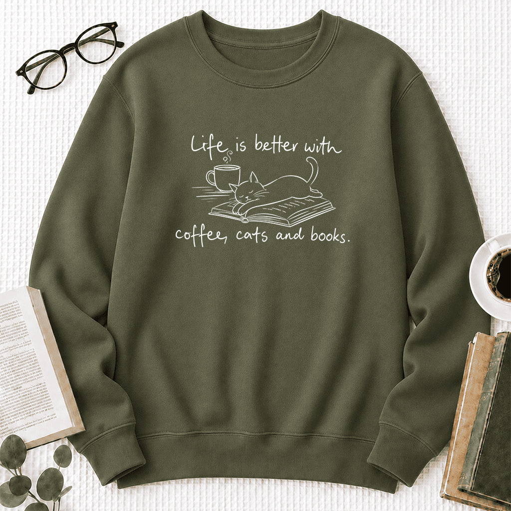 Funny Cats and Books Crewneck Sweatshirt | Reader Gift Military Green