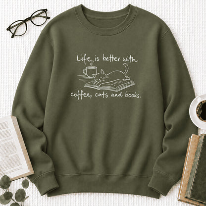 Funny Cats and Books Crewneck Sweatshirt | Reader Gift Military Green