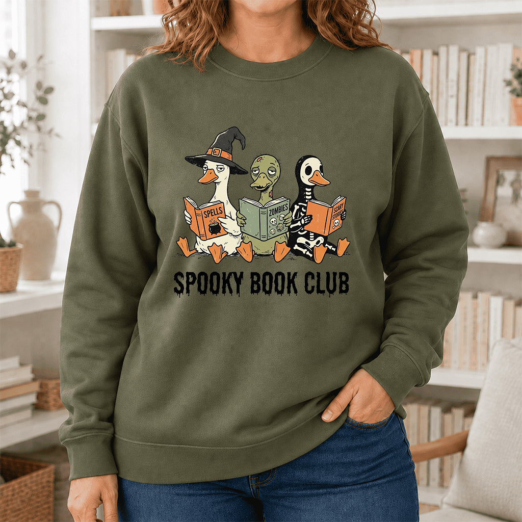 Spooky Book Club Printed Sweatshirt | Halloween Book Lover Gift Military Green