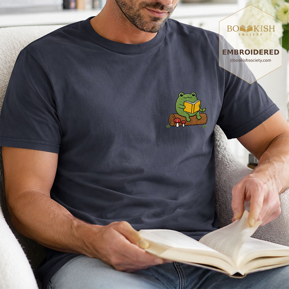Embroidered Frog on Log Reading Book Comfort Color® T-shirt Book Lover Gift Navy