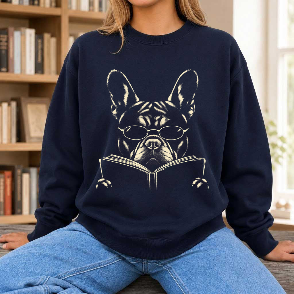French Bulldog Reading Book Crewneck Sweatshirt | Reader Gift Navy