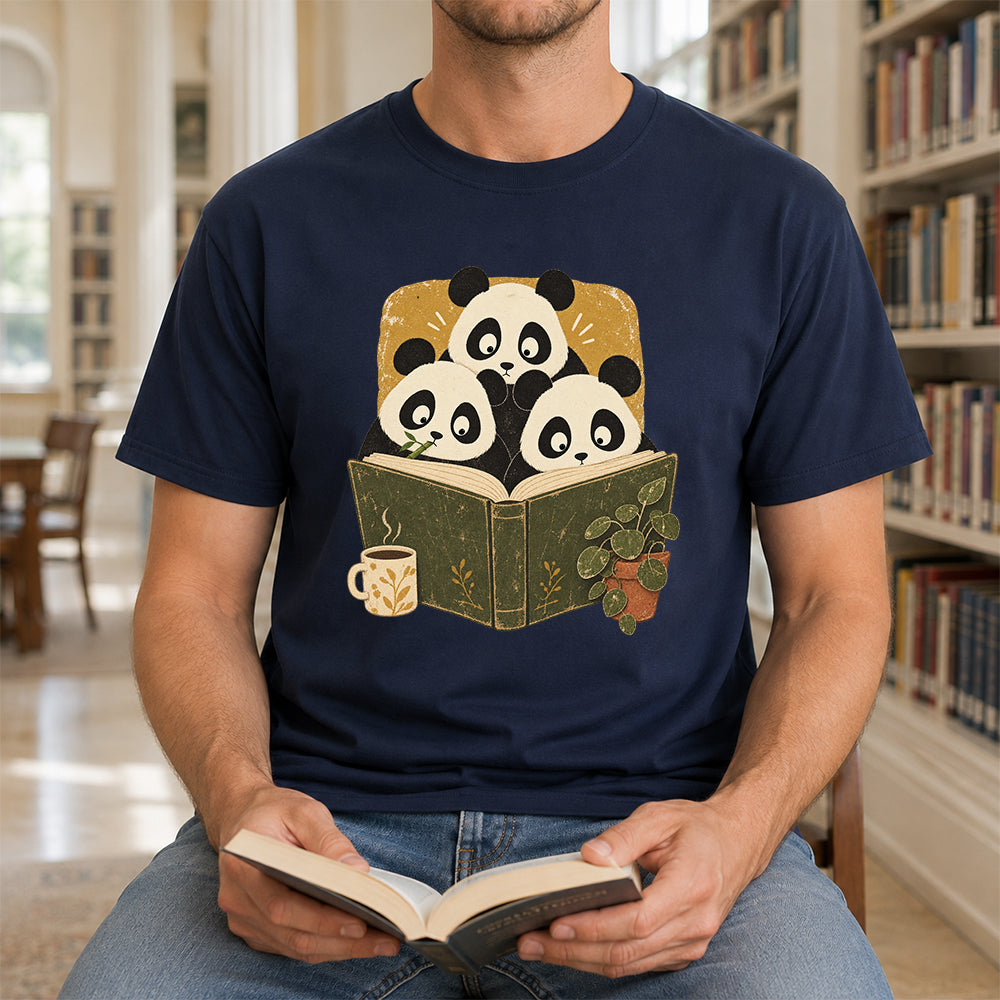 Minimal Japanese Pandas Reading Softstyle T-Shirt | Book Lover Gift Navy