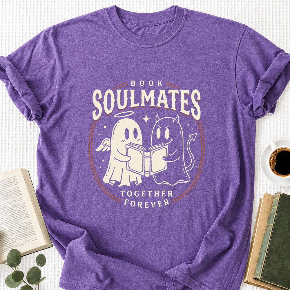 Book Soulmates Together Forever Printed T-Shirt | Halloween Book Lover Gift Heather Purple