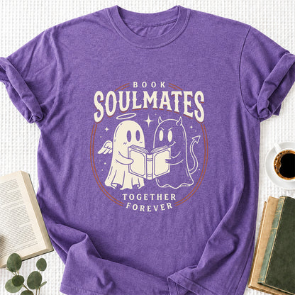 Book Soulmates Together Forever Printed T-Shirt | Halloween Book Lover Gift Heather Purple