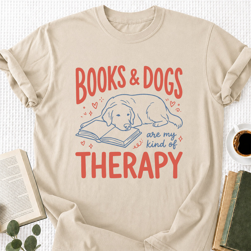 Give Me Books & Dogs Cotton T-Shirt | Dogs Lover & Reader Gift Sand