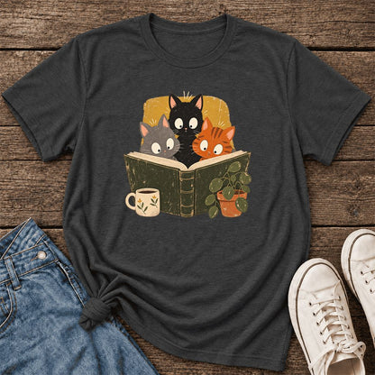 Curious Reading Cats Ultra-Soft Cotton T-Shirt | Cat Lover Reader Gift Dark Grey Heather