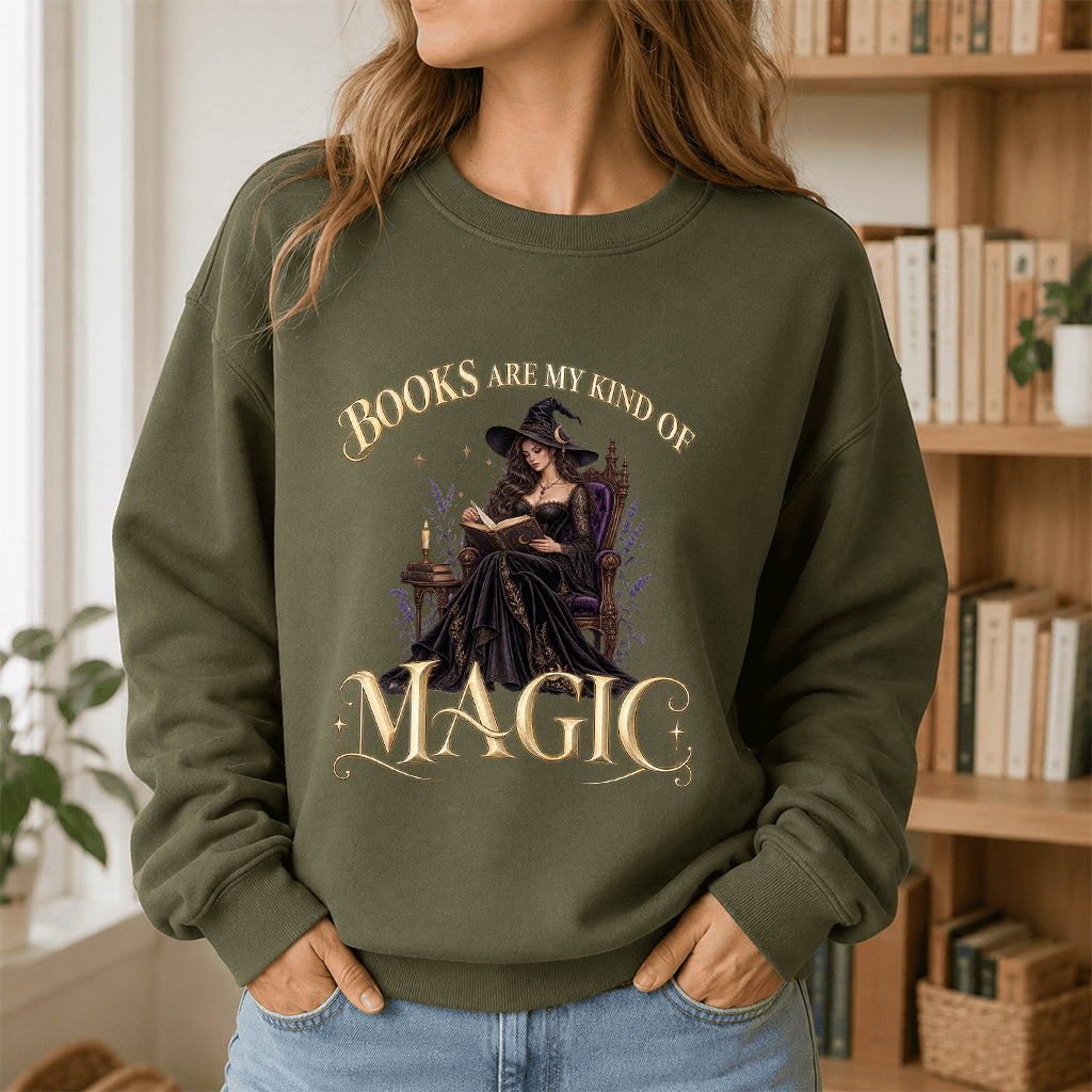 Books Are My Kind Of Magic Crewneck Sweatshirt | Halloween Literary Fantasy Book Lover Gift Military Green