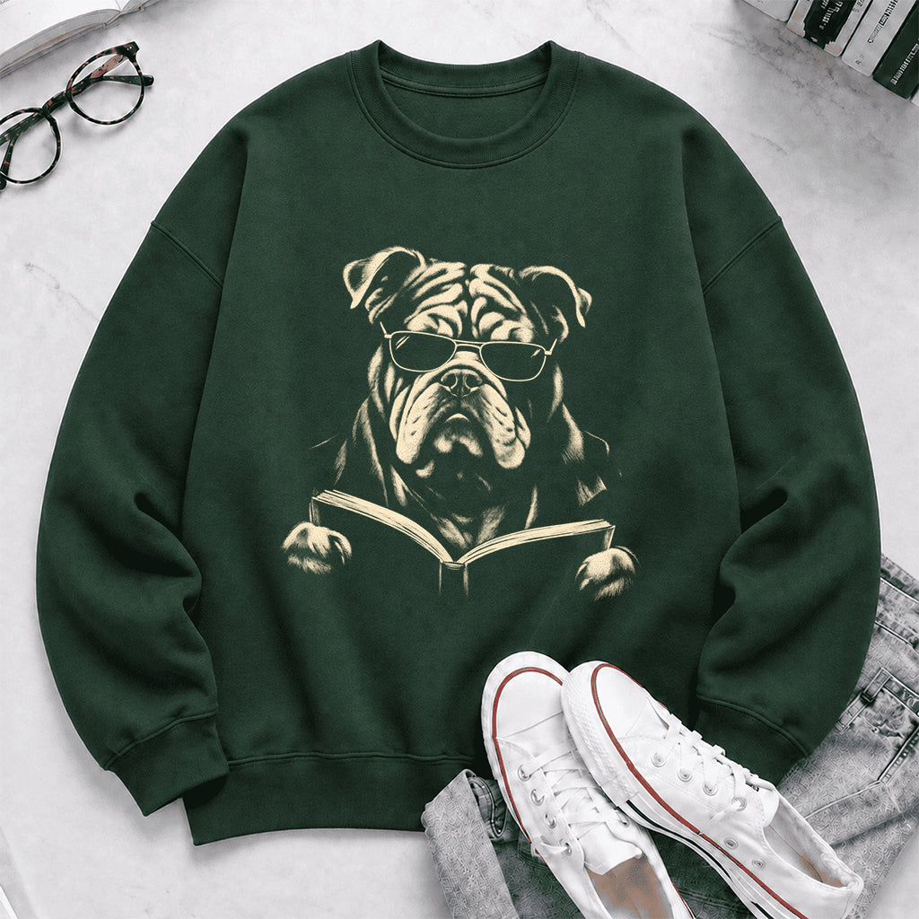 Bulldog Reading Book Crewneck Sweatshirt | Reader Gift Forest Green