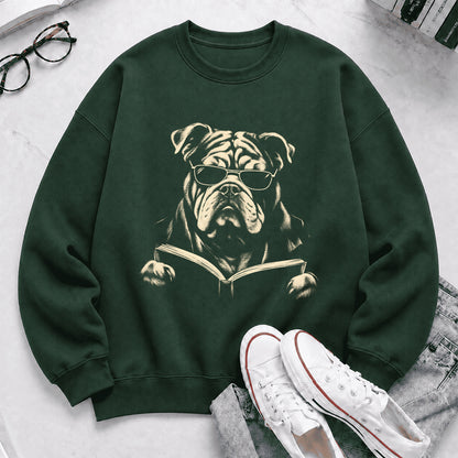 Bulldog Reading Book Crewneck Sweatshirt | Reader Gift Forest Green