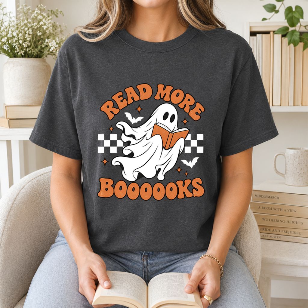 Read More Books Flying Ghost Printed T-Shirt | Halloween Book Lover Gift Dark Heather